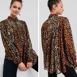 TOPSHOP Chiffon Leopard Animal Print Flocked Velvet Oversize Blouse Flowy Top